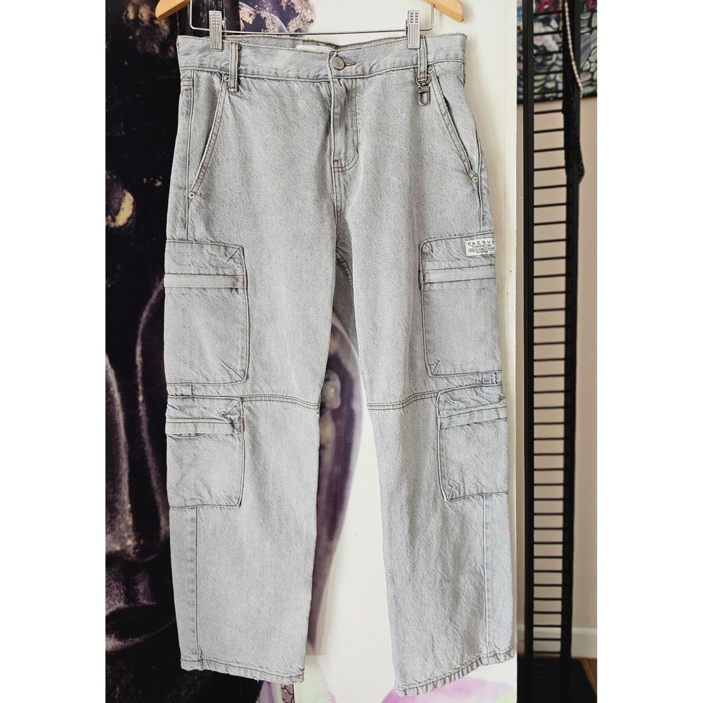 PacSun Gray Denim Cargo Jeans Straight Leg Utility Pants D-Ring Baggy 29x30